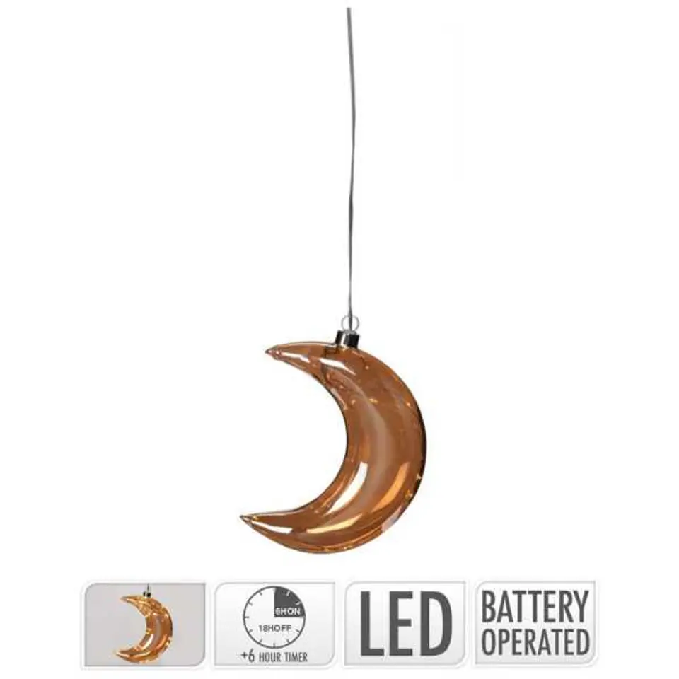 ⁨Moon decoration hanging bauble amber color glass 10 LED warm white 17 cm⁩ at Wasserman.eu