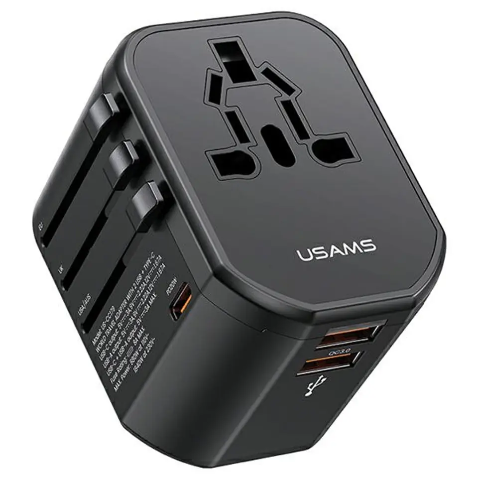 ⁨USAMS Adapter siec 2xUSB+1xUSB-C T59 20W 4w1 US/AU/EU/UK czarny/black CC179TC01 (US-CC179) Univesal Travel Charger⁩ w sklepie Wasserman.eu