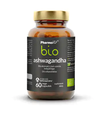 ⁨Ashwagandha bio ekstrakt bio z żeń-szenia indyjskiego 5% witanolidów 60 kaps Vcaps® Plus Pharmovit⁩ w sklepie Wasserman.eu