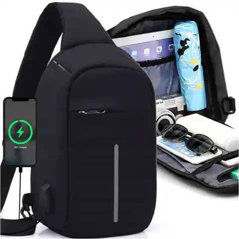 ⁨Plecak na jedno ramie męski damski szkolny młodzieżowy miejski mały Czarny Alogy z USB antykradzieżowy⁩ w sklepie Wasserman.eu