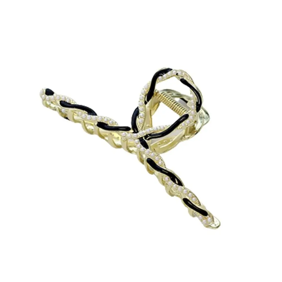 Spinka do włosów klamra XL złota metalowa z czernią i perełkami 11cm SP233 w sklepie Wasserman.eu