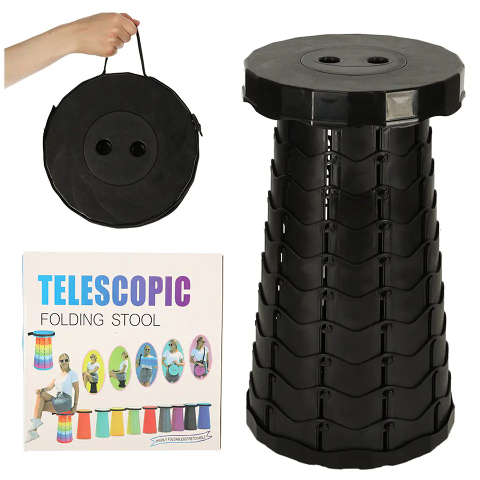 ⁨Krzesło składane taboret teleskopowy turystyczny przenośny czarny 200kg⁩ w sklepie Wasserman.eu