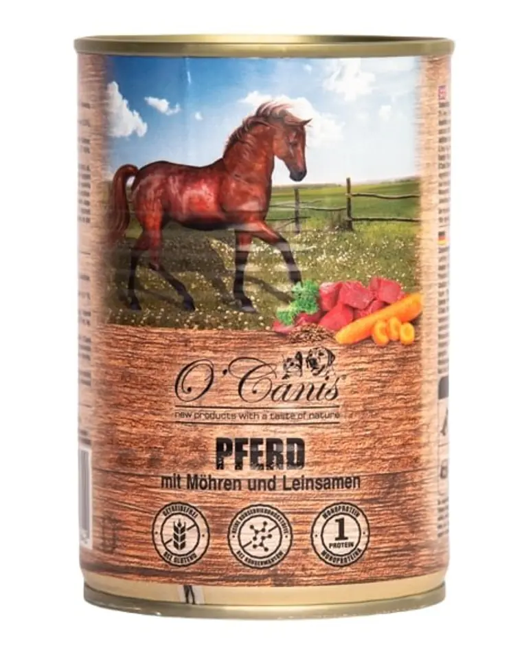 ⁨O'CANIS Horse meat with vegetables and linseed  - Wet dog food - 400 g⁩ at Wasserman.eu