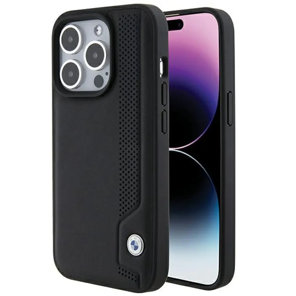 ⁨BMW BMHCP15X22RBDK iPhone 15 Pro Max  6.1" czarny/black hardcase Leather Blue Dots⁩ w sklepie Wasserman.eu