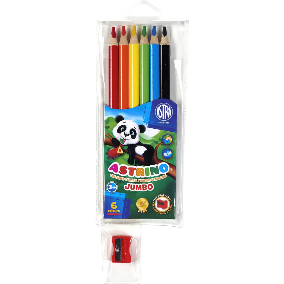 ⁨Kredki ołówkowe trójkątne JUMBO 6 kolorów + temperówka 312115003 ASTRINO⁩ w sklepie Wasserman.eu