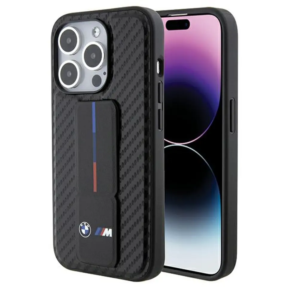 ⁨BMW BMHCP15LGSPCCK iPhone 15 Pro 6.1" czarny/black hardcase Grip Stand Smooth & Carbon⁩ w sklepie Wasserman.eu