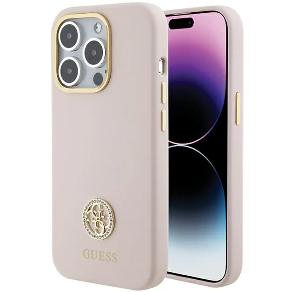 ⁨Guess GUHCP15LM4DGPP iPhone 15 Pro 6.1" jasnoróżowy/pink hardcase Silicone Logo Strass 4G⁩ w sklepie Wasserman.eu