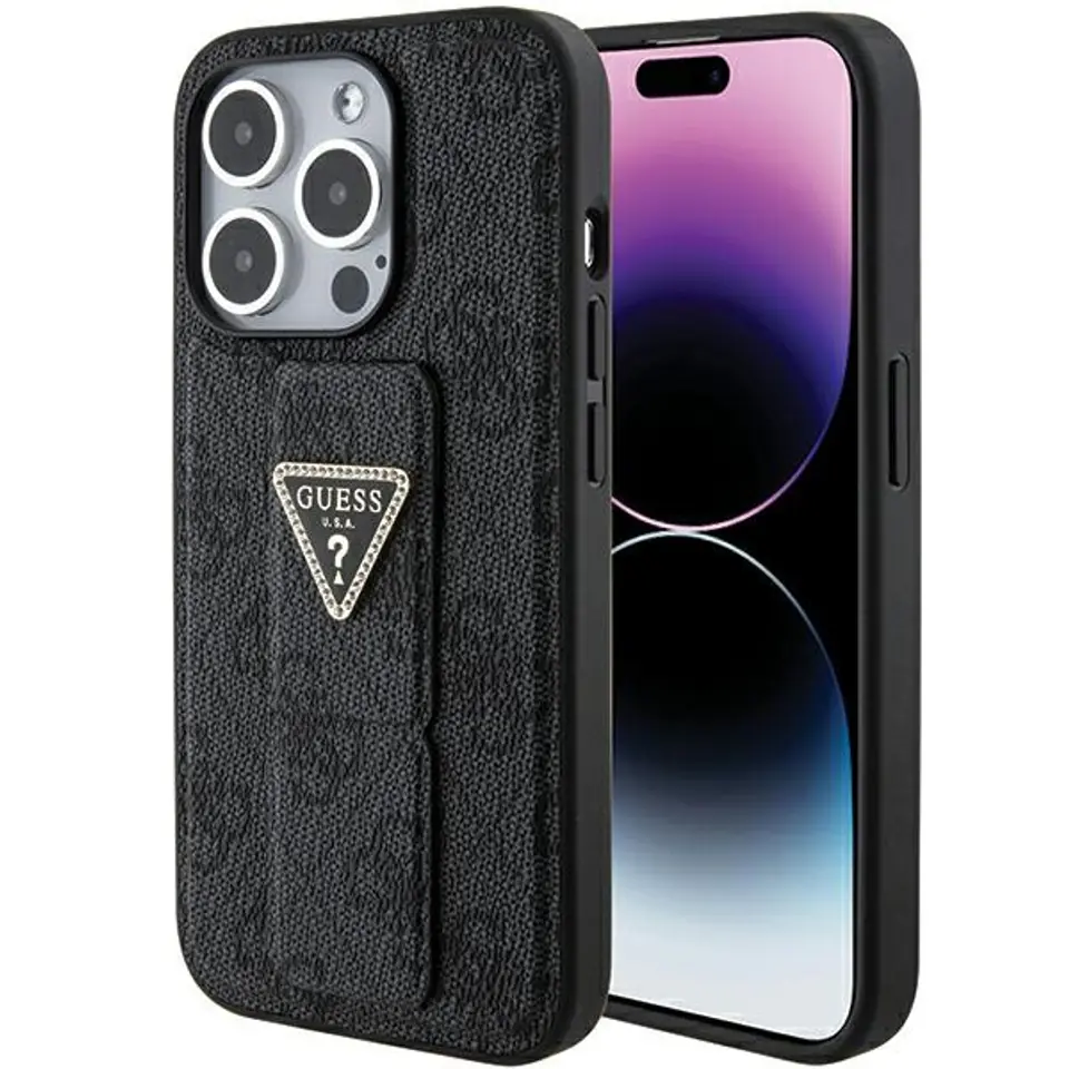 ⁨Guess GUHCP15LPGS4TDK iPhone 15 Pro 6.1" czarny/black hardcase Grip Stand 4G Triangle Strass⁩ w sklepie Wasserman.eu