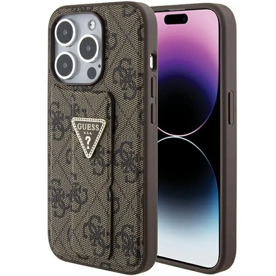 ⁨Guess GUHCP15LPGS4TDW iPhone 15 Pro 6.1" brązowy/brown hardcase Grip Stand 4G Triangle Strass⁩ w sklepie Wasserman.eu