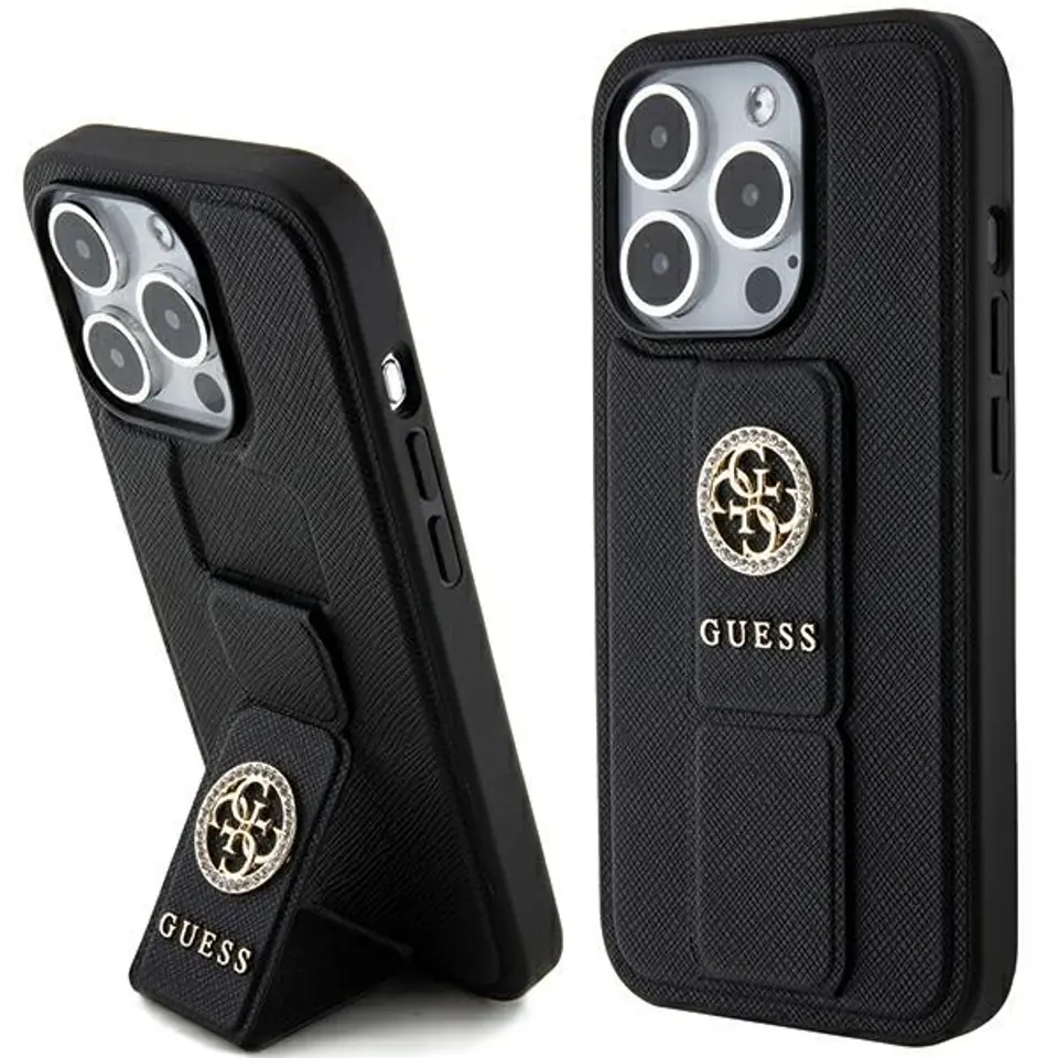 ⁨Guess GUHCP15XPGSSADK iPhone 15 Pro Max 6.7" czarny/black hardcase Grip Stand 4G Saffiano Strass⁩ w sklepie Wasserman.eu