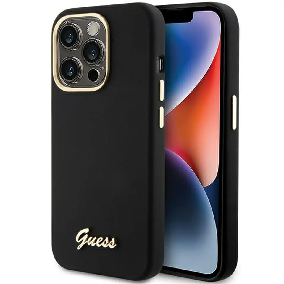 ⁨Guess GUHCP15LSMBSLK iPhone 15 Pro 6.1" czarny/black hardcase Silicone Script Metal Logo & Frame⁩ w sklepie Wasserman.eu