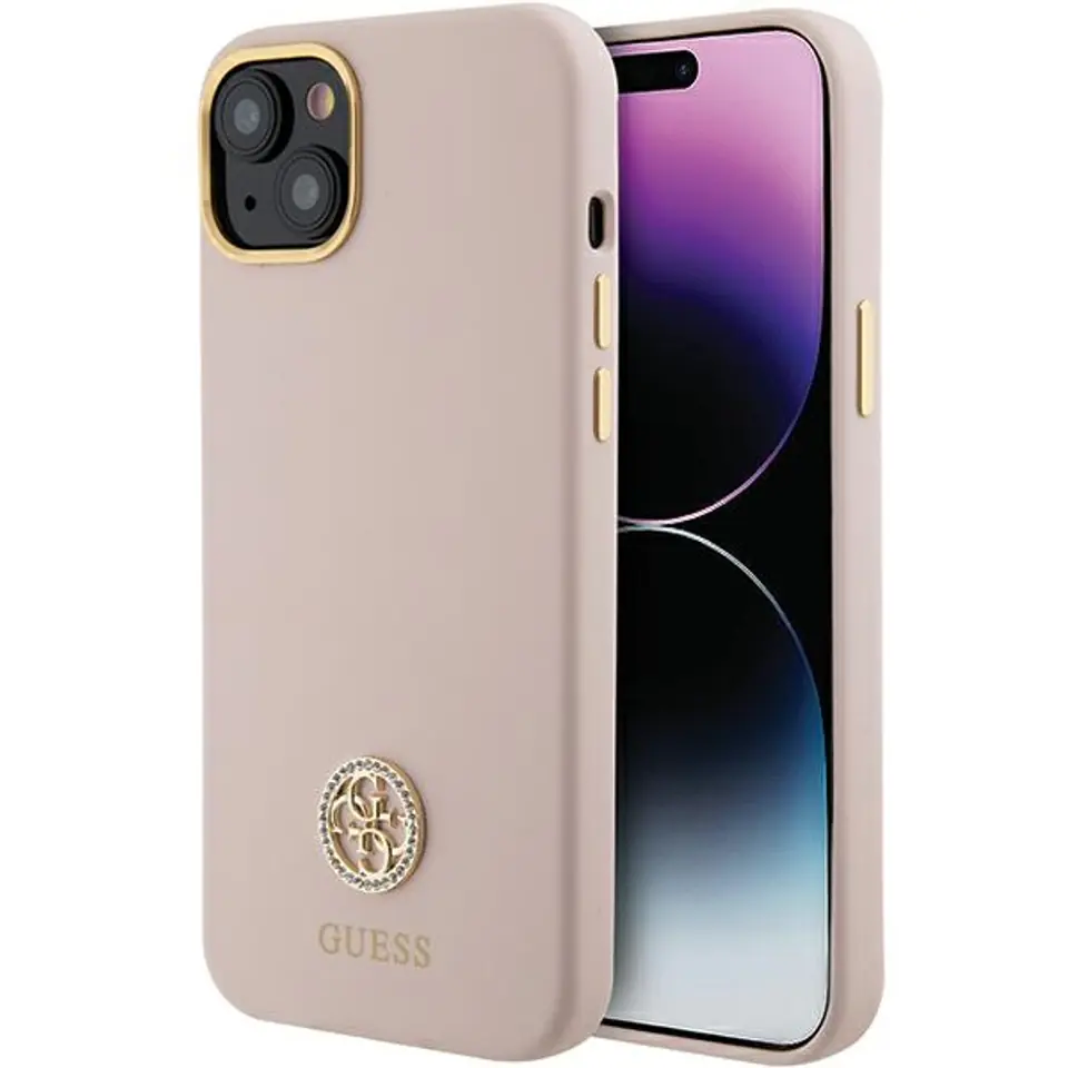 ⁨Guess GUHCP15SM4DGPP iPhone 15 / 14 / 13 6.1" jasnoróżowy/pink hardcase Silicone Logo Strass 4G⁩ w sklepie Wasserman.eu