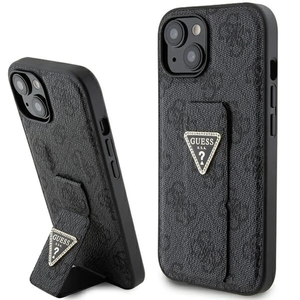 ⁨Guess GUHCP15SPGS4TDK iPhone 15 / 14 / 13 6.1" czarny/black hardcase Grip Stand 4G Triangle Strass⁩ w sklepie Wasserman.eu