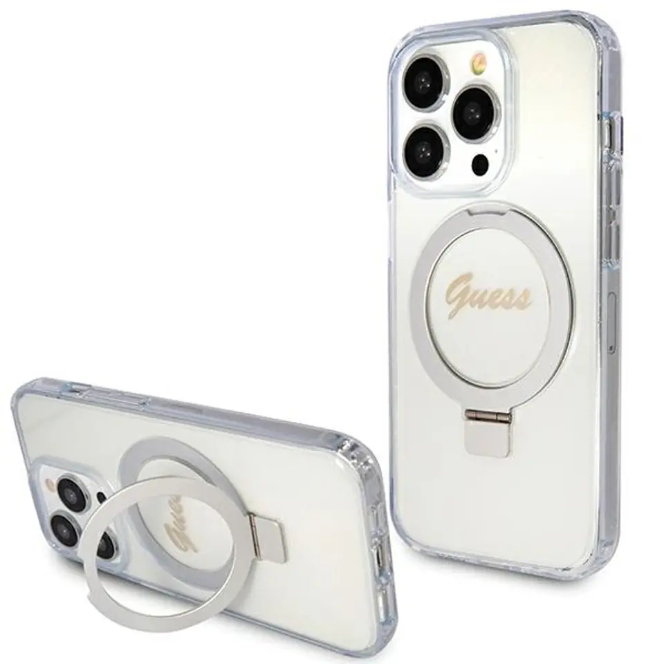 ⁨Guess GUHMP15XHRSGSD iPhone 15 Pro Max 6.7" przezroczysty/transparent hardcase Ring Stand Script Glitter MagSafe⁩ w sklepie Wasserman.eu