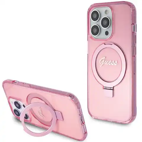 ⁨Guess GUHMP15LHRSGSP iPhone 15 Pro 6.1" różowy/pink hardcase Ring Stand Script Glitter MagSafe⁩ w sklepie Wasserman.eu