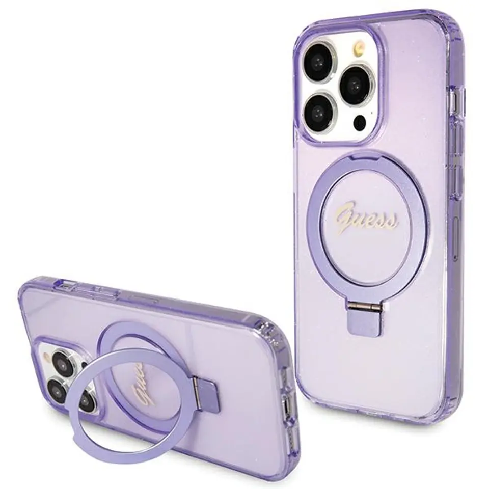 ⁨Guess GUHMP15LHRSGSU iPhone 15 Pro 6.1" fioletowy/purple hardcase Ring Stand Script Glitter MagSafe⁩ w sklepie Wasserman.eu