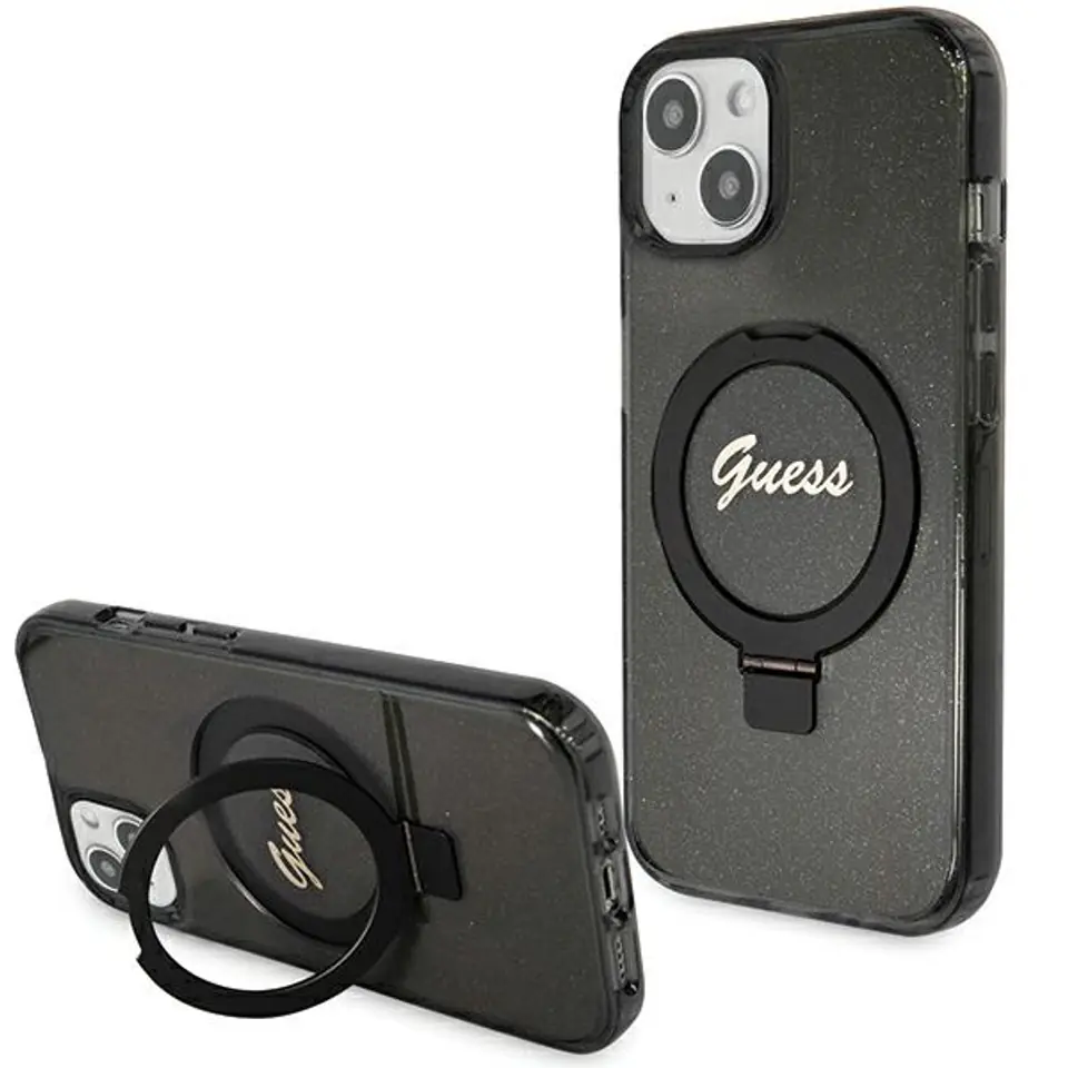 ⁨Guess GUHMP15SHRSGSK iPhone 15 / 14 / 13 6.1" czarny/black hardcase Ring Stand Script Glitter MagSafe⁩ w sklepie Wasserman.eu