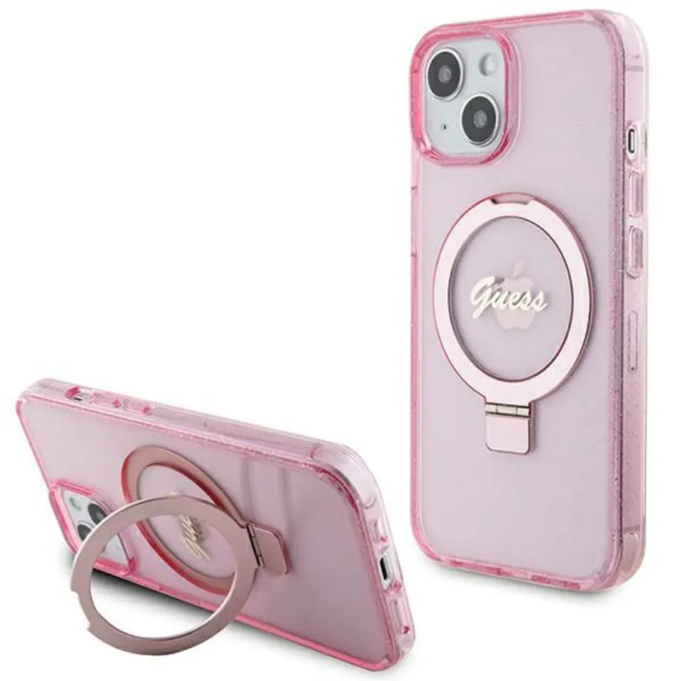 ⁨Guess GUHMP15SHRSGSP iPhone 15 / 14 / 13 6.1" różowy/pink hardcase Ring Stand Script Glitter MagSafe⁩ w sklepie Wasserman.eu