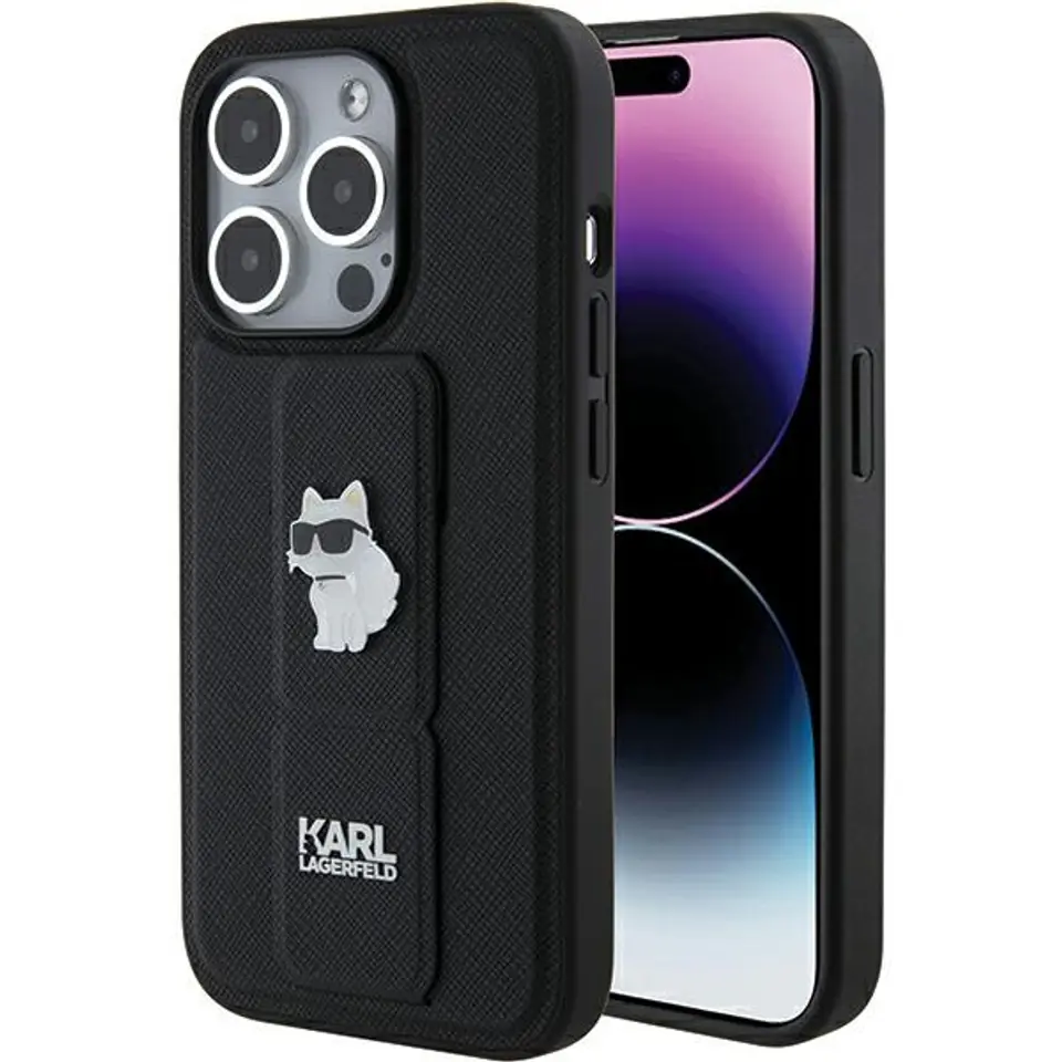 ⁨Karl Lagerfeld KLHCP15LGSACHPK iPhone 15 Pro 6.1" czarny/black hardcase Gripstand Saffiano Choupette Pins⁩ w sklepie Wasserman.eu