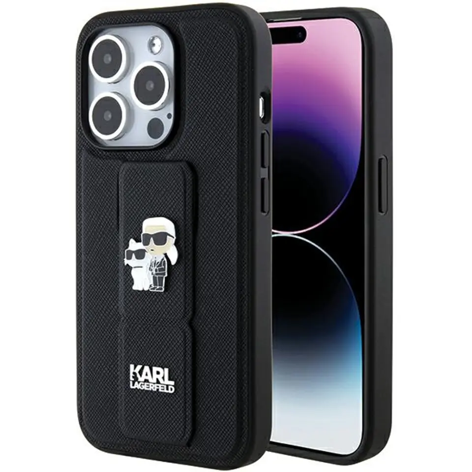 ⁨Karl Lagerfeld KLHCP15LGSAKCPK iPhone 15 Pro 6.1" czarny/black hardcase Gripstand Saffiano Karl&Choupette Pins⁩ w sklepie Wasserman.eu