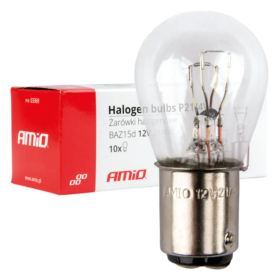⁨Żarówki halogenowe p21/4w 12v baz15d 10szt. amio-03369⁩ w sklepie Wasserman.eu