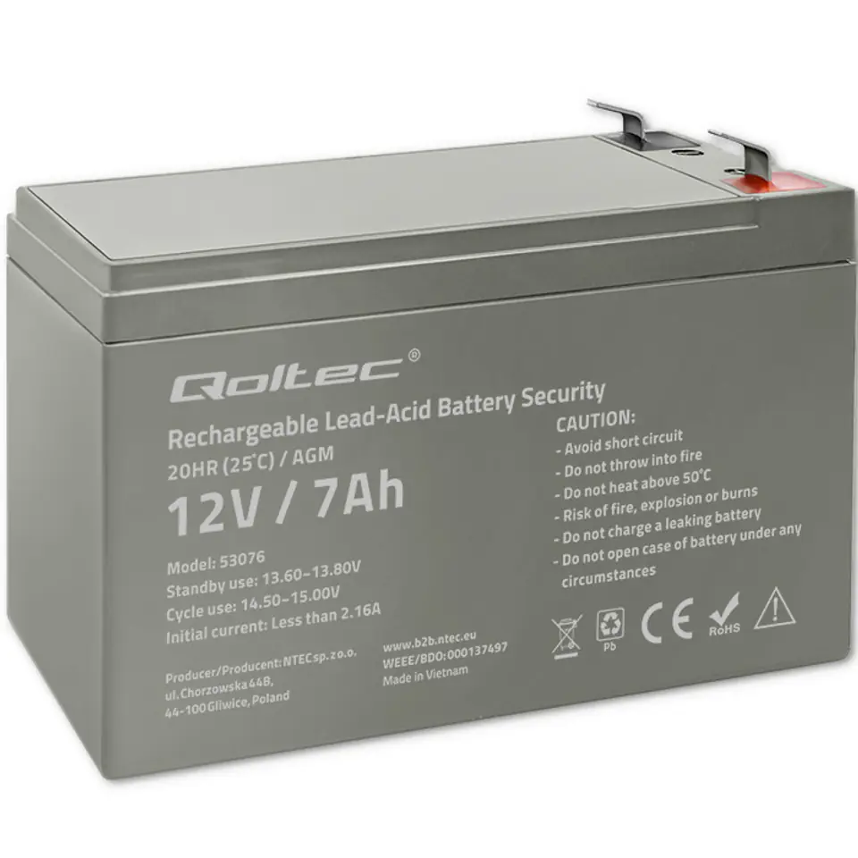 ⁨Qoltec 53076 AGM battery | 12V | 7Ah | max. 105A | Security⁩ at Wasserman.eu