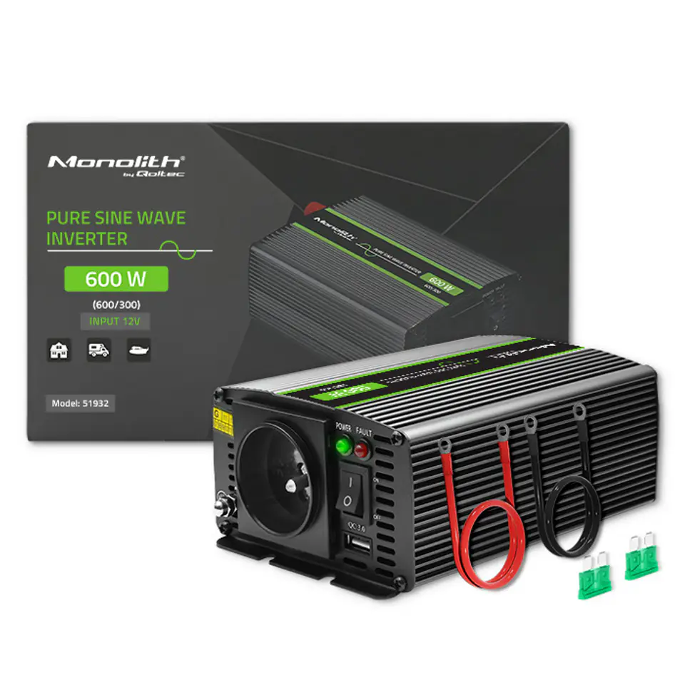 ⁨Qoltec Przetwornica napięcia Monolith | 300W | 600W | 12V na 230V | Czysty Sinus⁩ w sklepie Wasserman.eu