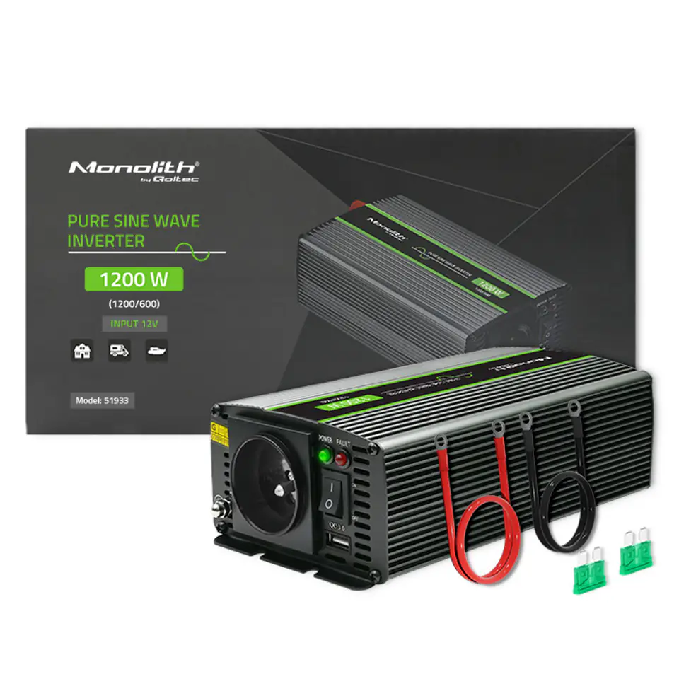 ⁨Qoltec Przetwornica napięcia Monolith | 600W | 1200W | 12V na 230V | Czysty Sinus⁩ w sklepie Wasserman.eu