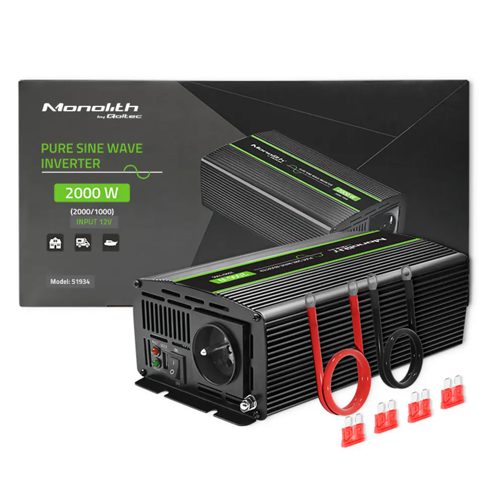 ⁨Qoltec Przetwornica napięcia Monolith | 1000W | 2000W| 12V na 230V | Czysty Sinus⁩ w sklepie Wasserman.eu