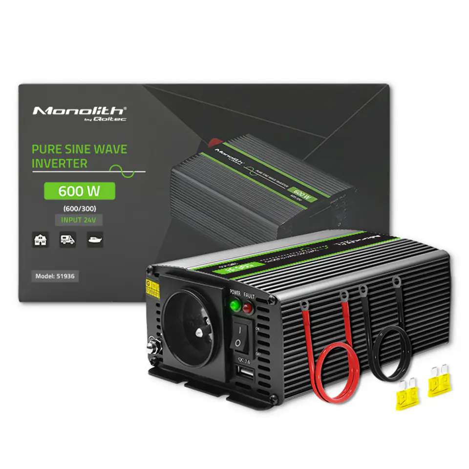 ⁨Qoltec Przetwornica napięcia Monolith | 300W | 600W | 24V na 230V | Czysty Sinus⁩ w sklepie Wasserman.eu