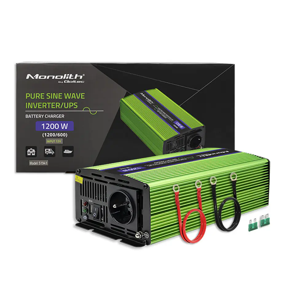 ⁨Qoltec Przetwornica napięcia Monolith | ładowanie baterii | UPS | 600W | 1200W | 12V na 230V |Czysty Sinus⁩ w sklepie Wasserman.eu