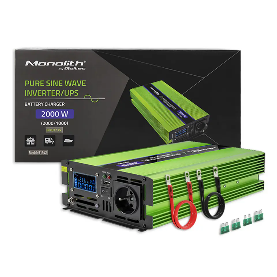 ⁨Qoltec Monolith power adapter/inverter Auto 2000 W Green⁩ at Wasserman.eu