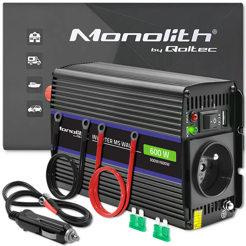 ⁨Qoltec Przetwornica napięcia Monolith 600 MS Wave | 12V na 230V | 300/600W | USB⁩ w sklepie Wasserman.eu