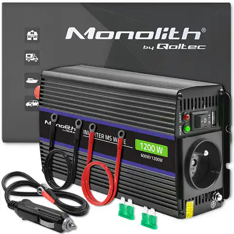 ⁨Qoltec 51925 Monolith voltage converter 1200 MS Wave |12V to 230V | 600/1200W | USB⁩ at Wasserman.eu