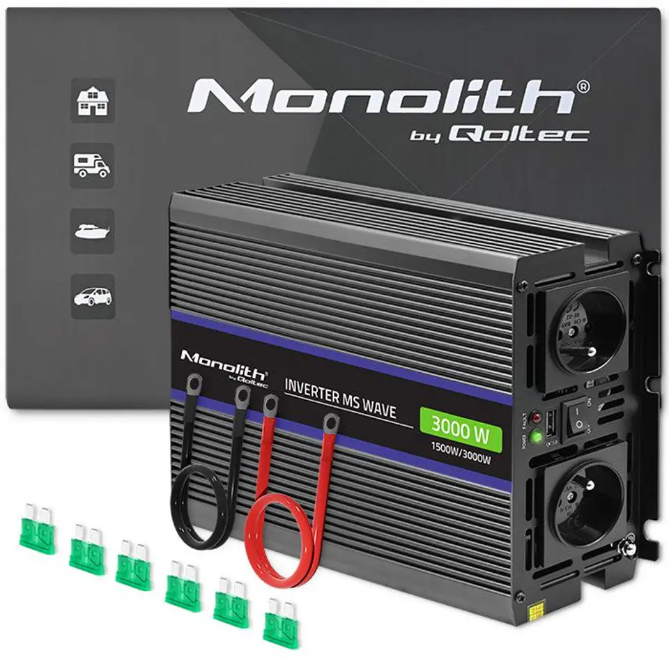 ⁨Qoltec Przetwornica napięcia Monolith 3000 MS Wave | 12V na 230V | 1500/3000W | USB⁩ w sklepie Wasserman.eu