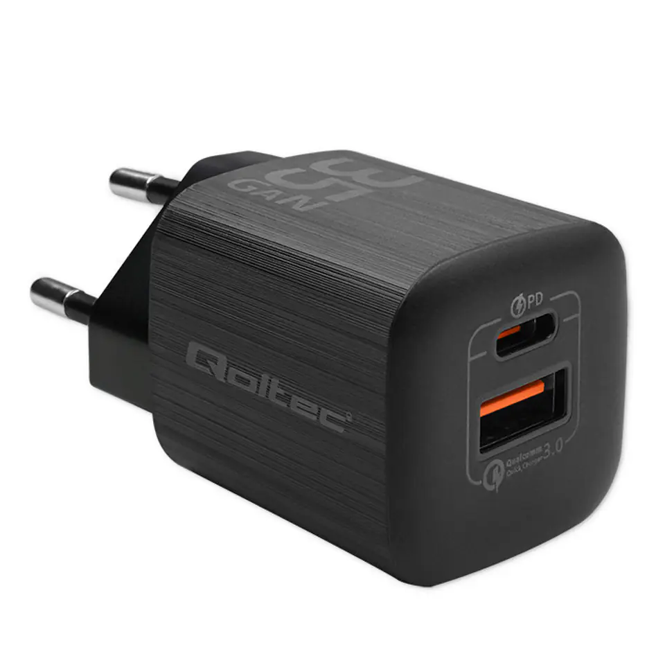 ⁨Qoltec Ładowarka sieciowa 35W GaN ULTRA | 5-20V | 2.25-3A | 1 x USB typ C PD | 1 x USB QC 3.0 | Czarna⁩ w sklepie Wasserman.eu