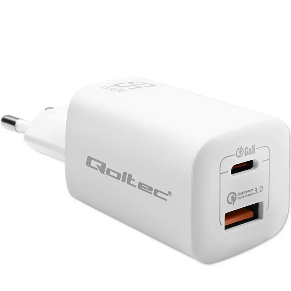 ⁨Qoltec Ładowarka sieciowa 65W GaN ULTRA | 5-20V | 2.25-3.25A | 1 x USB typ C PD | 1 x USB QC 3.0 | Biała⁩ w sklepie Wasserman.eu