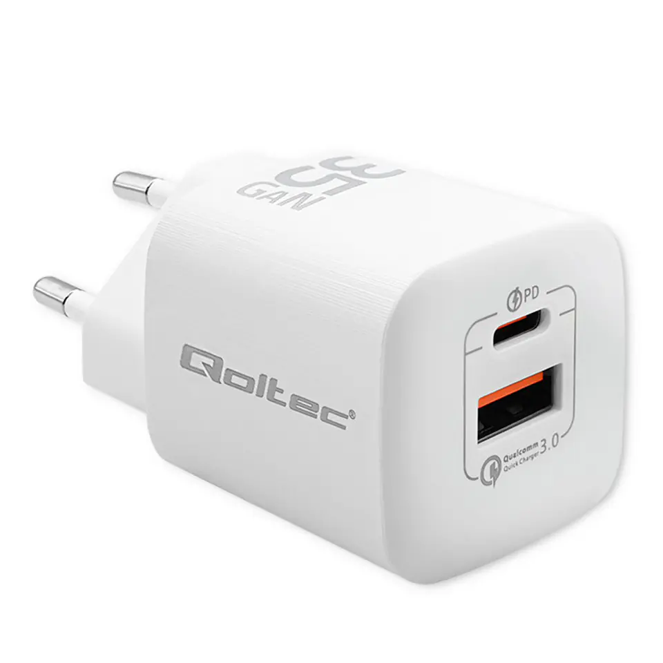 ⁨Qoltec Ładowarka sieciowa 35W GaN ULTRA | 5-20V | 2.25-3A | 1 x USB typ C PD | 1 x USB QC 3.0 | Biała⁩ w sklepie Wasserman.eu