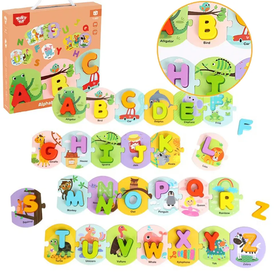 ⁨TOOKY TOY Drewniane Puzzle Montessori Układanka Nauka Alfabetu Liter Słów Alfabet Grube Klocki 26 el.⁩ w sklepie Wasserman.eu