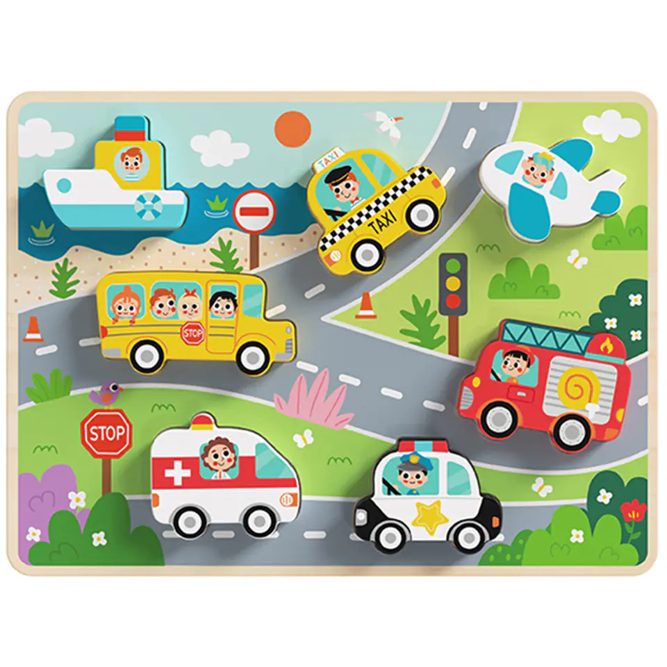 ⁨TOOKY TOY Drewniane Puzzle Montessori Pojazdy Samochody Samolot Statek Miasto Dopasuj Kształty⁩ w sklepie Wasserman.eu