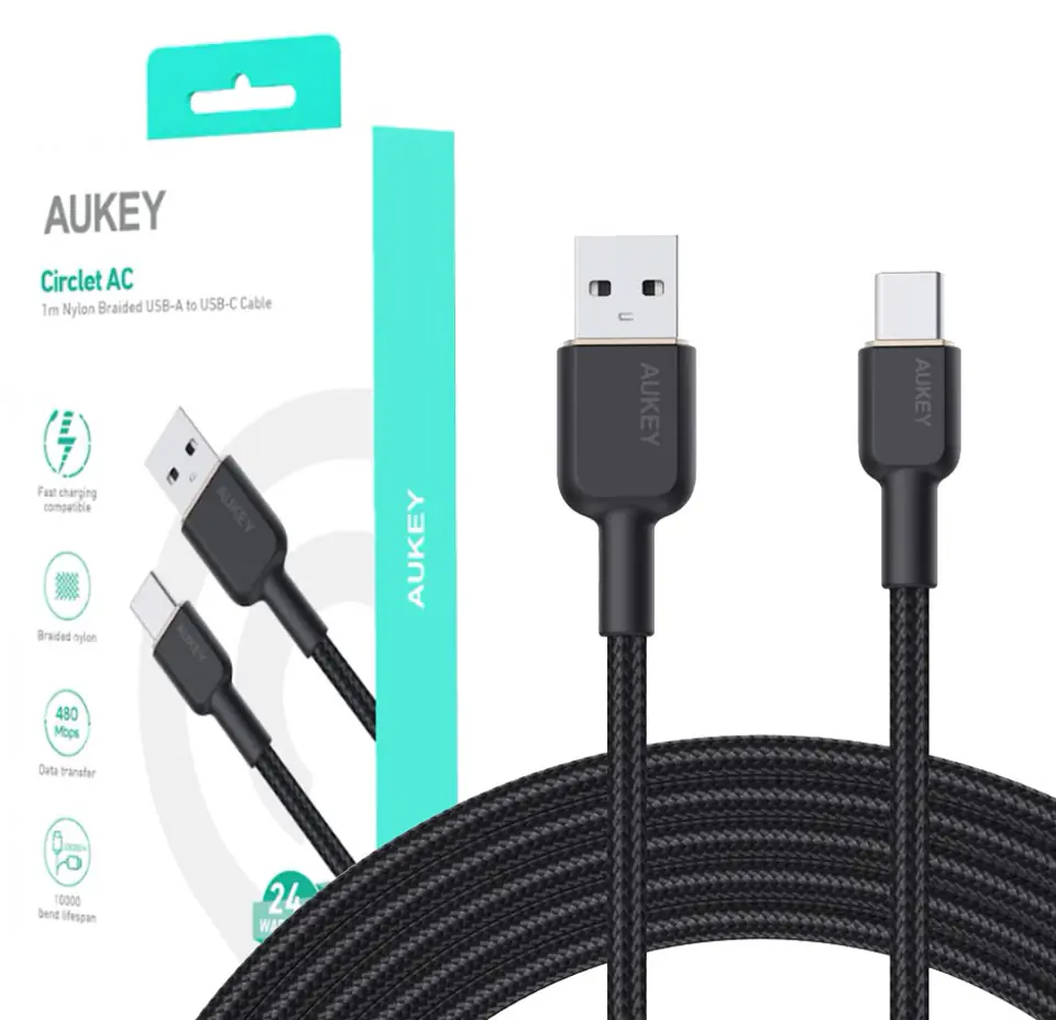 ⁨AUKEY CB-NAC1 USB-C Type-C Power Delivery PD 60W 3A 1m Nylon Black⁩ at Wasserman.eu