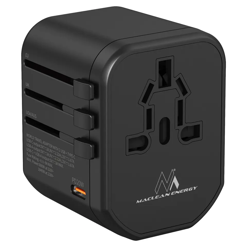 ⁨Maclean Travel Adapter, USB Power Adapter, 2xUSB 2.4A + USB-C PD 20W, 8A Fuse, Quick and Fast Charge, 200 countries worldwide, MCE⁩ at Wasserman.eu