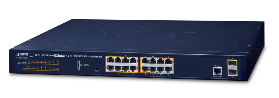 ⁨PLANET GS-4210-16P2S network switch Managed L2/L4 Gigabit Ethernet (10/100/1000) Power over Ethernet (PoE) 1U Blue⁩ at Wasserman.eu