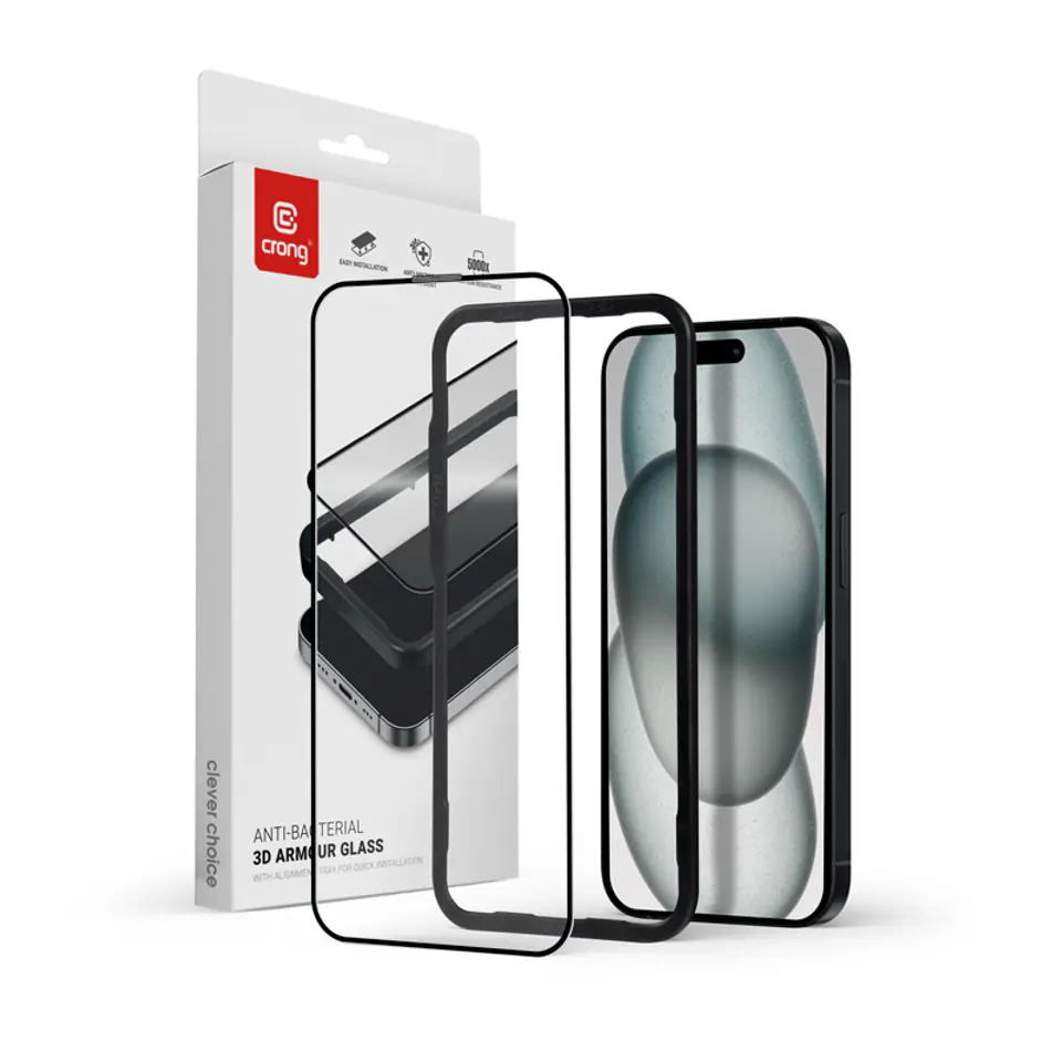 ⁨Crong Anti-Bacterial 3D Armour Glass - Szkło hartowane 9H na cały ekran iPhone 15 + ramka instalacyjna⁩ w sklepie Wasserman.eu
