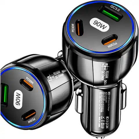⁨Ładowarka samochodowa 2x USB C PD 30W + USB QC 3.0 LED szybka do telefonu mocna 90W Alogy czarna⁩ w sklepie Wasserman.eu