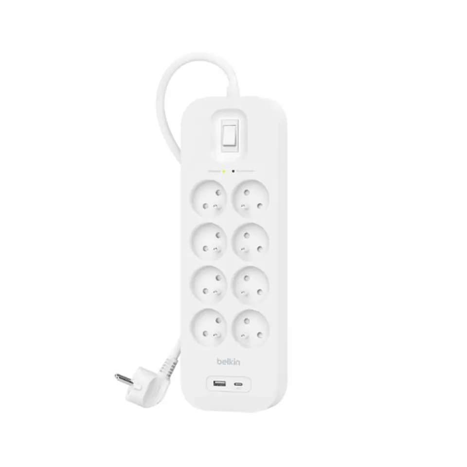 ⁨Listwa zasilająca Belkin Power Surge 8-PORTS + 1xUSB-A +1xUSB-C PD, 900J White⁩ w sklepie Wasserman.eu