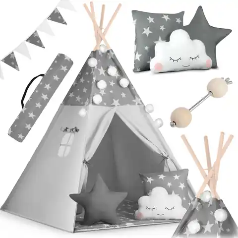 ⁨Namiot tipi dla dzieci z girlandą i światełkami Nukido - szare w gwiazdki⁩ w sklepie Wasserman.eu