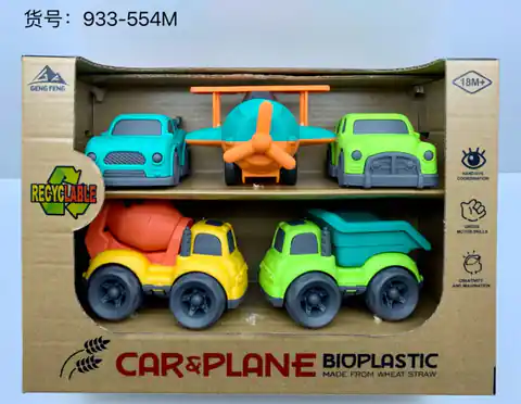 ⁨Zestaw 4 Pojazdów + Samolot z BIOplastiku dla dzieci 18m+ Ruchome elementy + Ekologiczny materiał⁩ w sklepie Wasserman.eu