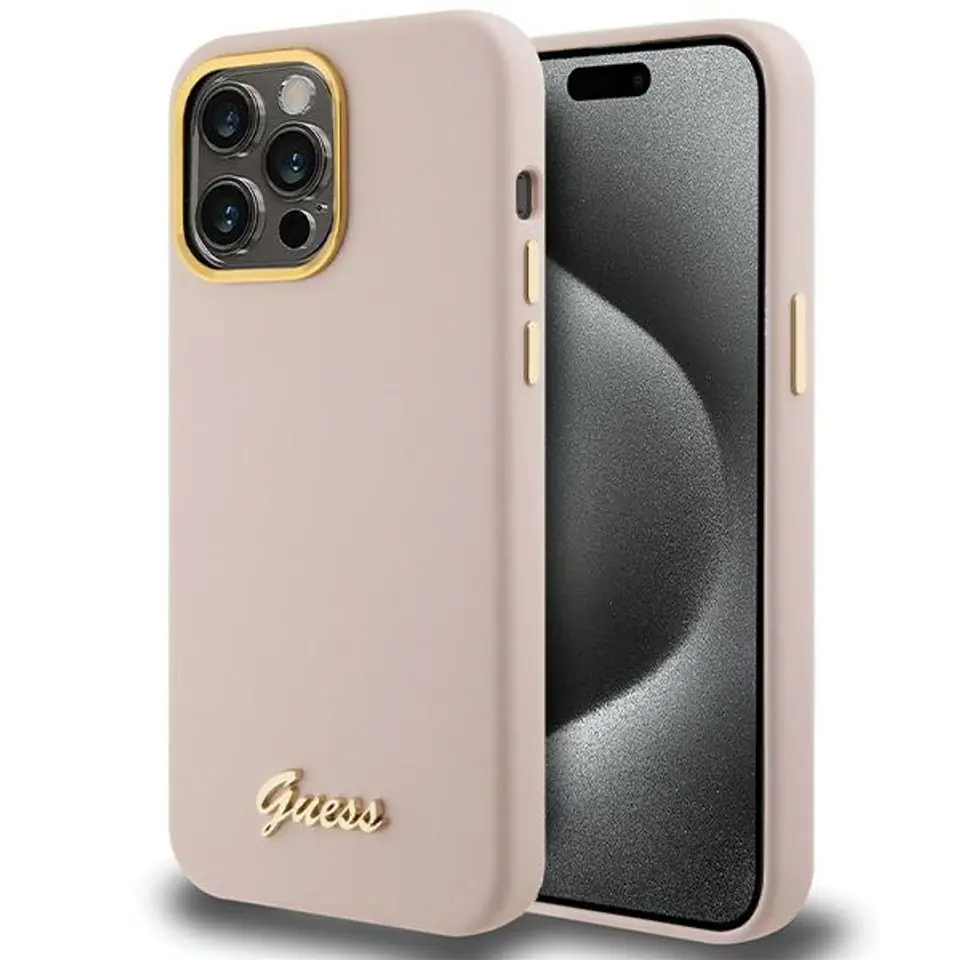 ⁨Guess GUHCP15LSMBSLP iPhone 15 Pro 6.1" różowy/pink hardcase Silicone Script Metal Logo & Frame⁩ w sklepie Wasserman.eu