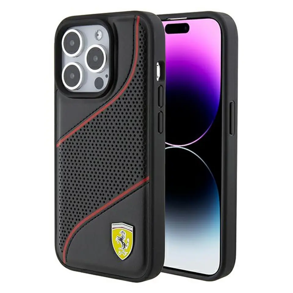 ⁨Ferrari FEHCP15LPWAK iPhone 15 Pro 6.1" czarny/black hardcase Perforated Waves Metal Logo⁩ w sklepie Wasserman.eu